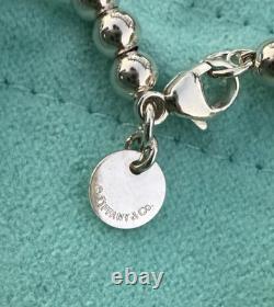 Tiffany & Co Silver Blue Enamel Mini Heart Tag Charm Bead Ball Bracelet Pristine