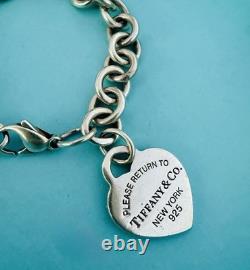 Tiffany & Co Silver Blue Enamel Mini Heart Tag Charm Bead Ball Bracelet Pristine