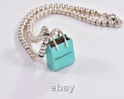 Tiffany & Co Silver Blue Enamel Shopping Bag Charm 7.75 Bead Chain Bracelet