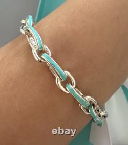 Tiffany Co Silver Clasp Clasping Oval Link Bracelet Blue Enamel Giftable