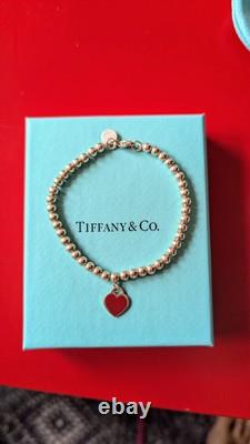 Tiffany & Co. Silver Diamond Blue Enamel Return RTT Heart Bead Ball Bracelet 6.5