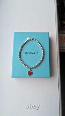 Tiffany & Co. Silver Diamond Blue Enamel Return RTT Heart Bead Ball Bracelet 6.5