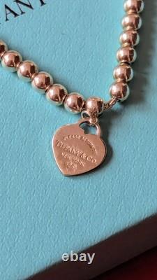 Tiffany & Co. Silver Diamond Blue Enamel Return RTT Heart Bead Ball Bracelet 6.5