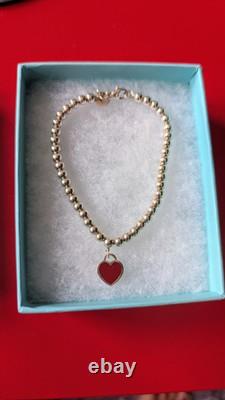 Tiffany & Co. Silver Diamond Blue Enamel Return RTT Heart Bead Ball Bracelet 6.5