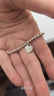 Tiffany & Co. Silver Diamond Blue Enamel Return RTT Heart Bead Ball Bracelet 6.5