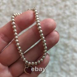 Tiffany & Co. Silver Diamond Blue Enamel Return RTT Heart Bead Ball Bracelet 6.5