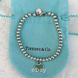 Tiffany & Co. Silver Mini Bead Beads Ball Blue Enamel Heart 6.75 Bracelet POUCH