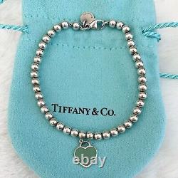 Tiffany & Co. Silver Mini Bead Beads Ball Blue Enamel Heart 6.75 Bracelet POUCH
