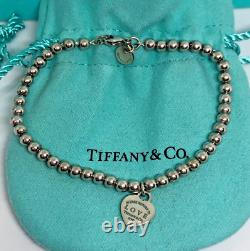 Tiffany & Co Silver Return LOVE Blue Enamel Mini Heart Tag Bead Ball Bracelet 7