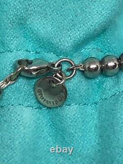 Tiffany & Co Silver Return LOVE Blue Enamel Mini Heart Tag Bead Ball Bracelet 7