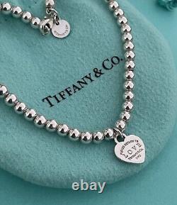 Tiffany & Co Silver Return to LOVE Blue Enamel Mini Heart Tag Bead Ball Bracelet