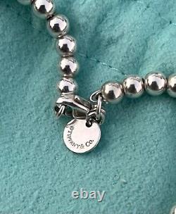Tiffany & Co Silver Return to LOVE Blue Enamel Mini Heart Tag Bead Ball Bracelet