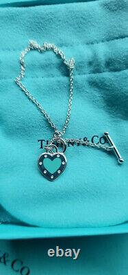 Tiffany & Co Sterling Rattle Blue Heart Enamel Toggle Bracelet 6.75