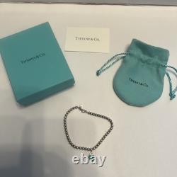 Tiffany & Co. Sterling Silver 4mm Bead Blue Enamel Mini Heart Bracelet 7 /w Bag