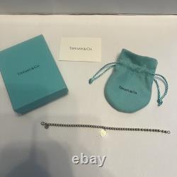 Tiffany & Co. Sterling Silver 4mm Bead Blue Enamel Mini Heart Bracelet 7 /w Bag