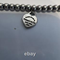 Tiffany & Co. Sterling Silver 4mm Bead Blue Enamel Mini Heart Bracelet 7 /w Bag