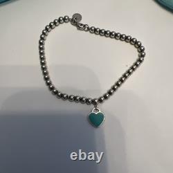 Tiffany & Co. Sterling Silver 4mm Bead Blue Enamel Mini Heart Bracelet 7 /w Bag