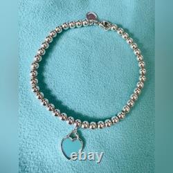 Tiffany & Co. Sterling Silver 925 Blue Enamel Heart Tag Bead Bracelet 6.5