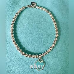 Tiffany & Co. Sterling Silver 925 Blue Enamel Heart Tag Bead Bracelet 6.5