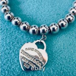 Tiffany & Co. Sterling Silver 925 Blue Enamel Heart Tag Bead Bracelet 6.5