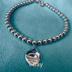 Tiffany & Co. Sterling Silver 925 Blue Enamel Heart Tag Bead Bracelet 6.5