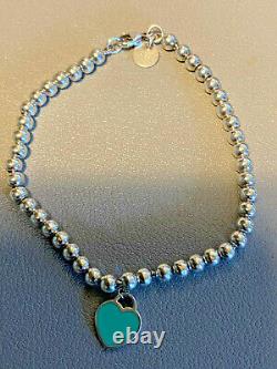 Tiffany & Co. Sterling Silver 925 Blue Enamel Heart Tag Mini Bead 7 Bracelet