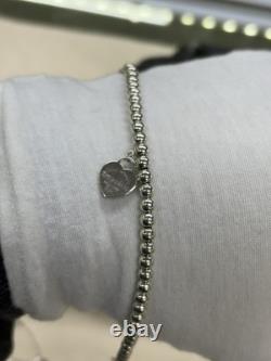 Tiffany & Co. Sterling Silver Beaded Ball Bracelet Mini Blue Enamel Heart Tag