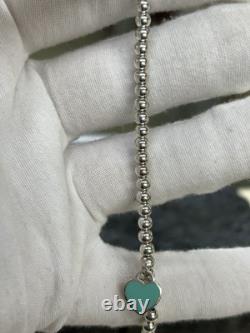 Tiffany & Co. Sterling Silver Beaded Ball Bracelet Mini Blue Enamel Heart Tag