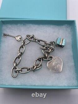 Tiffany & Co Sterling Silver & Blue Enamel Charm Bracelet with 3 Charms