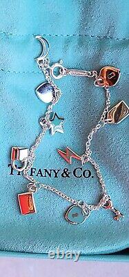 Tiffany & Co Sterling Silver Blue Enamel Dangle Charm Bracelet 6.75