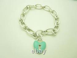 Tiffany & Co. Sterling Silver Blue Enamel Heart Lock Charm Chain Bracelet 7 A