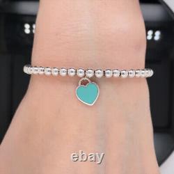 Tiffany & Co. Sterling Silver Blue Enamel Heart Tag Beaded Bracelet $250 Retail