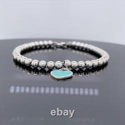 Tiffany & Co. Sterling Silver Blue Enamel Heart Tag Beaded Bracelet $250 Retail