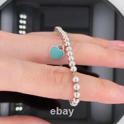 Tiffany & Co. Sterling Silver Blue Enamel Heart Tag Beaded Bracelet $250 Retail