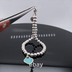 Tiffany & Co. Sterling Silver Blue Enamel Heart Tag Beaded Bracelet $250 Retail