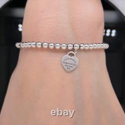 Tiffany & Co. Sterling Silver Blue Enamel Heart Tag Beaded Bracelet $250 Retail