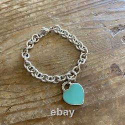 Tiffany & Co. Sterling Silver Blue Enamel Heart Tag Bracelet EUC 7.5