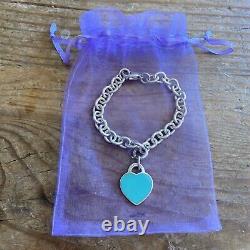 Tiffany & Co. Sterling Silver Blue Enamel Heart Tag Bracelet EUC 7.5