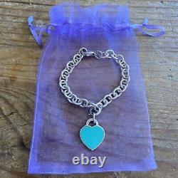 Tiffany & Co. Sterling Silver Blue Enamel Heart Tag Bracelet EUC 7.5