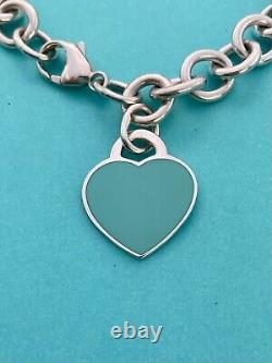 Tiffany & Co Sterling Silver & Blue Enamel Heart Tag Link Bracelet. Retired