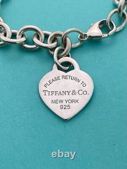 Tiffany & Co Sterling Silver & Blue Enamel Heart Tag Link Bracelet. Retired