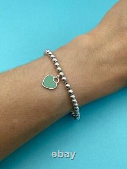 Tiffany & Co Sterling Silver & Blue Enamel Heart Tag Mini Bead Bracelet 7