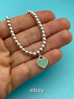 Tiffany & Co Sterling Silver & Blue Enamel Heart Tag Mini Bead Bracelet 7