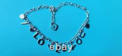 Tiffany & Co Sterling Silver Blue Enamel I Love You Charm Bracelet Adjust 6.5-7