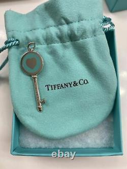 Tiffany & Co Sterling Silver Blue Enamel Key Heart Charm Pendant & Bracelet1.65
