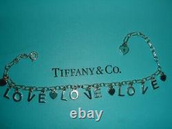 Tiffany & Co Sterling Silver Blue Enamel LOVE LOVE LOVE Charm Bracelet 6-7