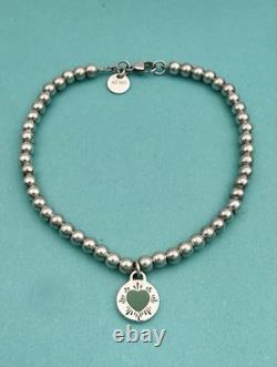 Tiffany & Co Sterling Silver & Blue Enamel Round Tag Mini Bead Bracelet 7.5