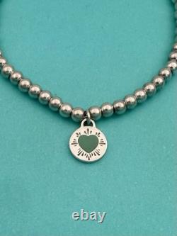 Tiffany & Co Sterling Silver & Blue Enamel Round Tag Mini Bead Bracelet 7.5