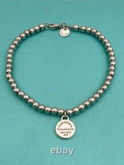Tiffany & Co Sterling Silver & Blue Enamel Round Tag Mini Bead Bracelet 7.5