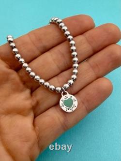Tiffany & Co Sterling Silver & Blue Enamel Round Tag Mini Bead Bracelet 7.5